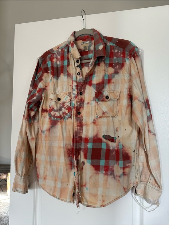 Arizona Jean Company Tops - Arizona Jean Co Distressed Plaid Flannel Shirt in Cream, Red & Teal- Large